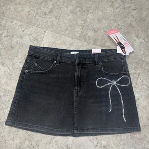 Black Denim Mini Skirt with Rhinestone Bow